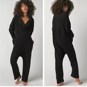 Free People Kickback Waffle Romper Jumpsuit cowl neck long sleeve black L